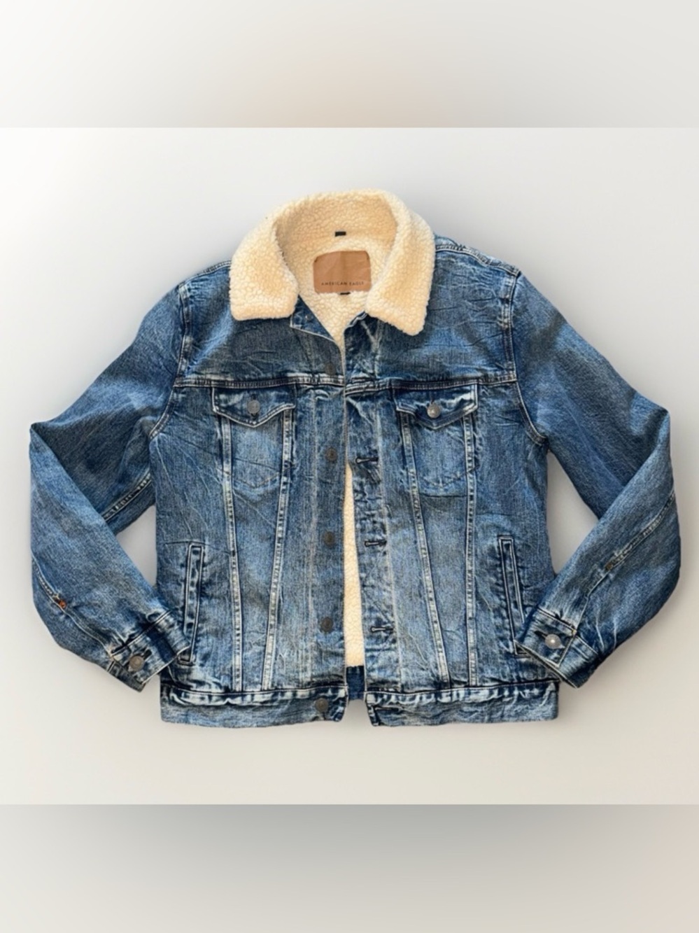 American Eagle Flex Jacket Mens Medium Blue Denim Sherpa Lined Trucker Bomber